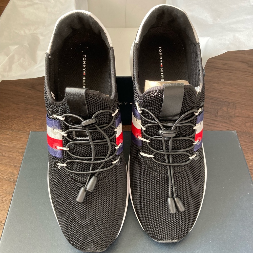 Tommy Hilfiger Women's Black Sneakers with Red, White, and Blue Stripes